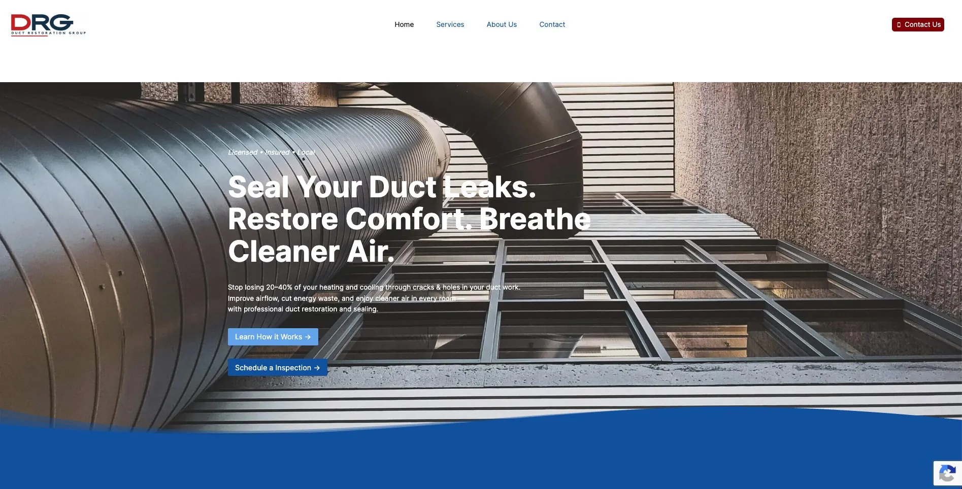 Homepage of the Duct Restoration Group website, a duct sealing and restoration contractor in Mansfield, Ohio