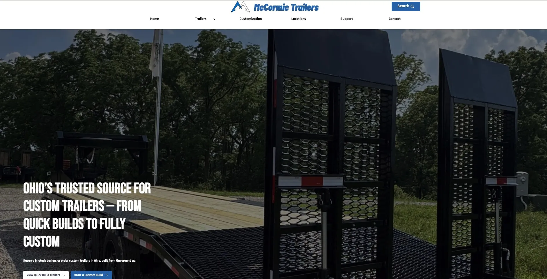 Homepage of the McCormic Trailers website, a trailer dealer in Ashland County, Ohio